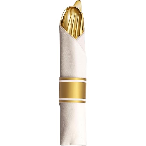 50 Pre Rolled Gold Plastic Silverware - 200pc Set, Service for 50 - Wrapped Disposable Silverware Set with Forks, Knives, Spoons, White Napkins - Fancy Decorative Flatware for Dinner, Party, Wedding