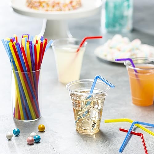250 Count] Flexible Disposable Plastic Drinking Straws - 7.75" High - Assorted Colors