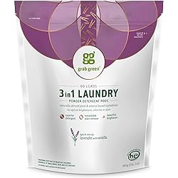 Grab Green 3-in-1 Laundry Detergent Pods, 60 Count, Lavender Vanilla Scent, Plant and Mineral Based, Superior Cleaning Power, Stain Remover, Brightens Clothes