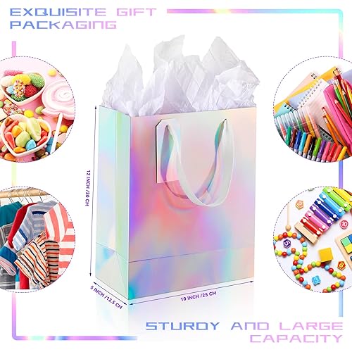 4 Packs Large Gift Bags with Handles 10 x 5 x 12 Inch Holographic Bags Paper Glitter Bags Iridescent Party Treat Bags with Tissue Paper for Birthday Wedding Baby Shower Anniversaries Favors