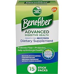 Benefiber Advanced Digestive Health Prebiotic Fiber Supplement Powder with Probiotics for Occasional Constipation and Abdominal Discomfort Relief, Low FODMAP - 15 Sticks 3.0 Ounces