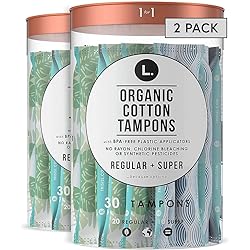 L. Organic Cotton Tampons RegularSuper Absorbency Duo Pack Free from Chlorine Bleaching Pesticides Fragrances or Dyes BPA-Free Plastic Applicator 30 Count, Pack of 2 - 60 Count Total, White