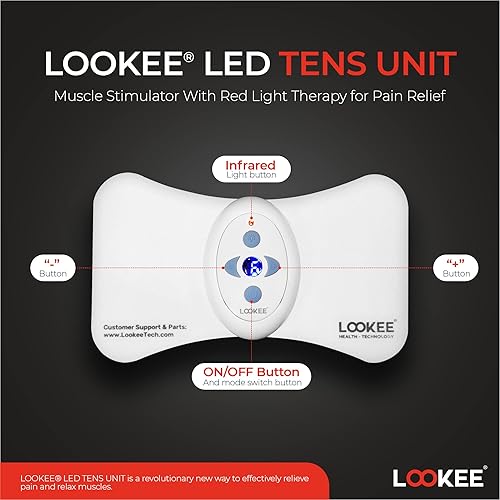 LOOKEE LED TENS Unit Muscle Stimulator with Red LED Light Therapy for Pain Relief, TENS Machine and EMS Electronic Pulse Massager for Back, Shoulder Pain, Leg, Arm and Arthritis Pain Relief