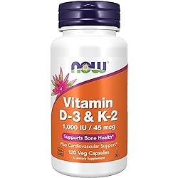 NOW Supplements, Vitamin D-3 & K-2, 1,000 IU45 mcg, Plus Cardiovascular Support, Supports Bone Health, 120 Veg Capsules