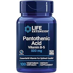 Life Extension Pantothenic Acid 500 mg – Pantothenic Acid with Calcium Supplement Pills – Essential B Vitamin For Optimal Health - Once Daily - Gluten-Free, Non-GMO, Vegetarian – 100 Capsules