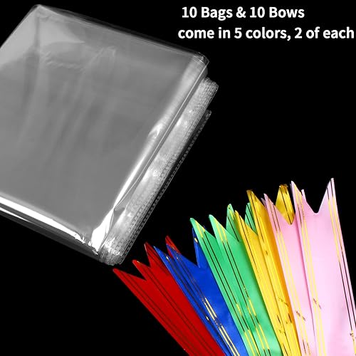 DERAYEE Large Cellophane Bags for Baskets, Clear Cellophane Bags with Bows 28x40 Inch Cellophane Gift Wrap Bags 10 Pcs