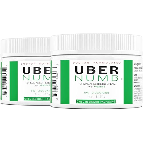 Uber Numb 5% Lidocaine Topical Numbing Cream, 2 Pack, 2 Ounce, Advanced Formula Rapid Absorption Non-Oily