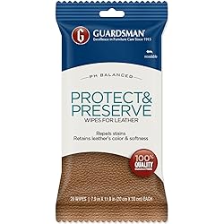 Guardsman Protect & Preserve Wipes For Leather Repels Stains, Retains Color and Softness, Great for Leather Furniture & Car Interiors, 20 Count