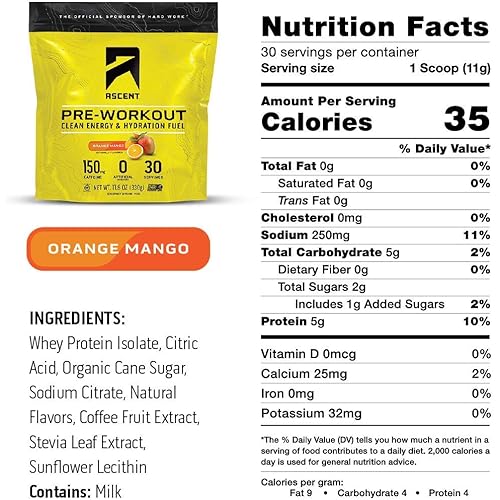 Ascent Pre Workout - Preworkout Powder, Zero Artificial Ingredients, Clean Energy for Men & Women, 150mg Caffeine - Orange Mango, 30 Servings