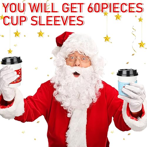 60 Pieces Christmas Coffee Tea Cup Sleeves Double-Layer Disposable Paper Cup Sleeves 6 Designs for 12 and 16 oz Corrugated Cup Paper Jacket for Hot Chocolate Cocoa Coffee Tea or Cold Beverages