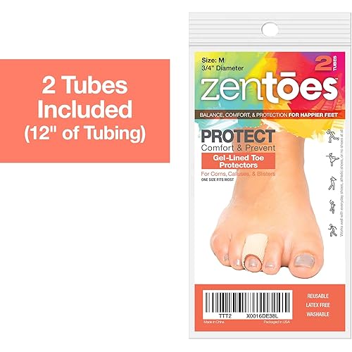 ZenToes Open Toe Tubes Gel Lined Fabric Sleeve Protectors to Prevent Corns, Calluses and Blisters While Softening and Soothing The Skin - 2 Pack of 6” Sleeves Medium