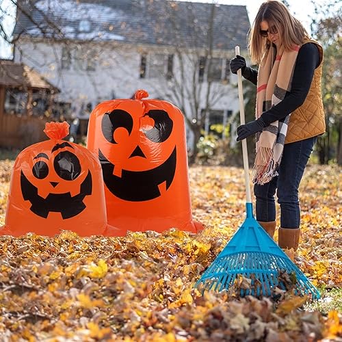 DERAYEE 6Pcs Halloween Pumpkin Lawn Bags, Large Jack O Lantern Leaf Bags Plastic Trash Bags with Twist Ties for Halloween Yard Decorations Outdoor