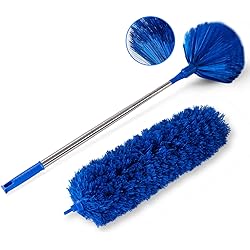 Ceiling Fan Duster with Extension Pole, Cobweb & Corner Brush Cleaning Kit w 2 Duster Heads for Cleaning,15- 100 Inch Long Handle Aluminum Telescoping Pole, Washable（Blue