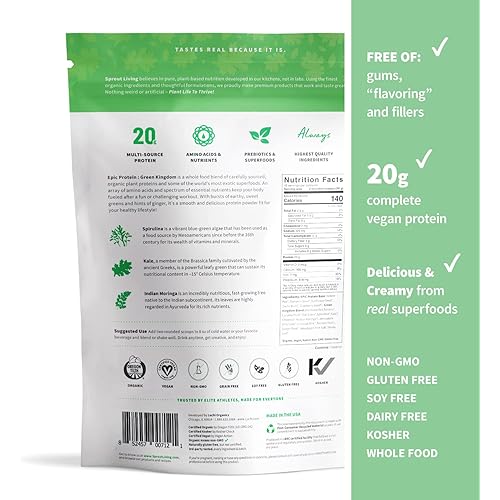 Sprout Living's Epic Protein, Plant Based Protein & Superfoods Powder, Green Kingdom | 20 Grams Organic Protein Powder, Greens, Vegan, Non Dairy, Non-GMO, Gluten Free, Low Sugar 1 Pound, 12 Servings