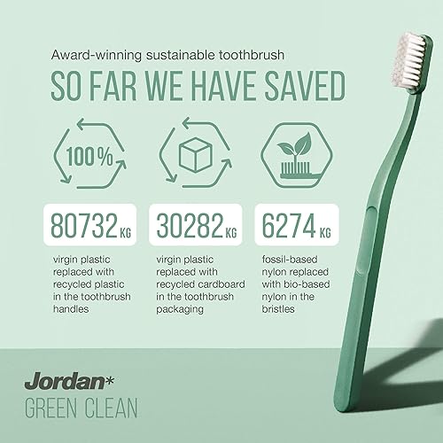 Jordan ® | Green Clean Manual Toothbrush | Award Winning Sustainable Toothbrush Made from Recycled Materials | Eco-Friendly | Scandinavian Design | Soft Bristle Toothbrush | Mixed Colour | 4 Units