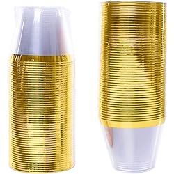 100 Pcs Clear Plastic Cups with Gold Rim, Premium 9 Oz Disposable Plastic Party Cups, Hard Plastic Drinking Cups for Party and Wedding