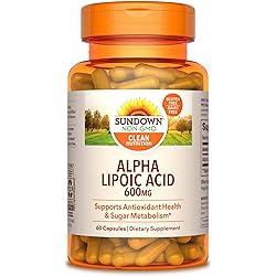 Sundown Super Alpha Lipoic Acid 600 mg, 60 Capsules Packaging May Vary Non-GMOˆ, Free of Gluten, Dairy, Artificial Flavors