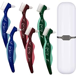 Premium Hard Denture Brush Toothbrush, White Carrying Case, Multi-Layered Bristles & Portable Denture Double Sided Brush, Denture CarePack of 6