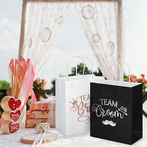 24 Pack Bridal Party Gift Bags Bridesmaid Gift Bag with Handle Bachelorette Gift Bags Team Groom and Team Bride Gift Bags with 24 White Tissue Paper for Wedding, White and Black, 9 x 8 x 4 Inch
