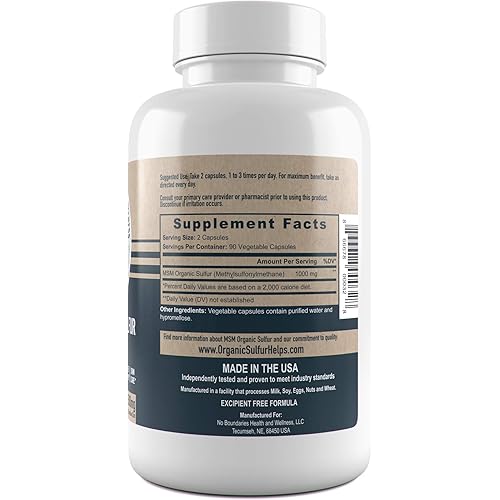 500mg MSM Organic Sulfur Capsules by No Boundaries Health and Wellness – 180 Vegetable Capsules: No Excipients or Fillers – Premium Health Supplement: 99.9% Pure MSM Powder – Joints, Skin, Hair, Nail