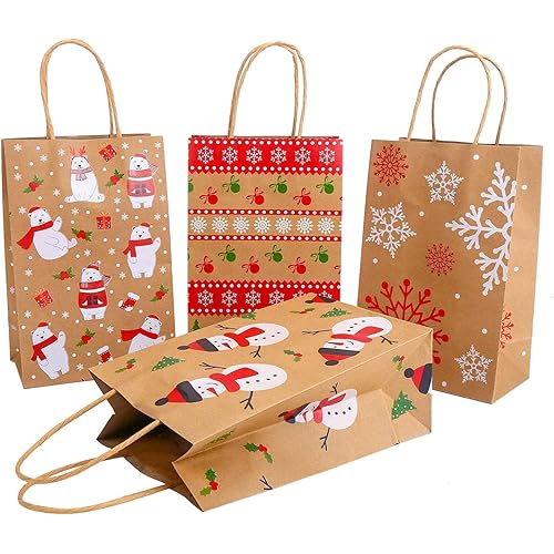DERAYEE 24Pcs Christmas Kraft Gift Bags, Xmas Assorted Paper Goodie Bags Bulk with handle for Christmas Party Favor Supplies 5.9”3.5”9”
