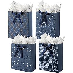 4 Pack 9" Medium Size Gift Bags Assorted Premium Blue Gift Bags with Tissue Paper Use for Birthdays, Baby Shower,weddings,Party Favor, Holiday Presents-7" X 4" X 9&#34