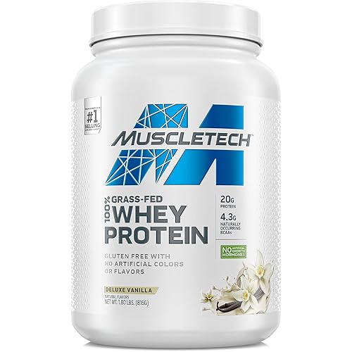 Grass Fed Whey Protein | MuscleTech Grass Fed Whey Protein Powder | Protein Powder for Muscle Gain | Growth Hormone Free, Non-GMO, Gluten Free | 20g Protein 4.3g BCAA | Deluxe Vanilla, 1.8 lbs