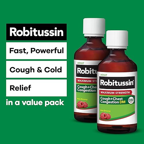 Robitussin Adult Maximum Strength Cough Plus Chest Congestion DM Max, Non-Drowsy Cough Suppressant and Expectorant, Raspberry Flavor, 8 Fl Oz x 2