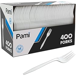 PAMI Medium-Weight Disposable Plastic Forks [400-Pack] - Bulk White Plastic Silverware For Parties, Weddings, Catering Food Stands, Takeaway Orders & More- Sturdy Single-Use Partyware Forks