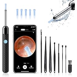 Ear Wax Removal - Earwax Remover Tool with 8 Pcs Ear Set - Ear Cleaner with Camera - Earwax Removal Kit with Light - Ear Camera with 6 Ear Spoon - Ear Cleaner for iOS & Android Black