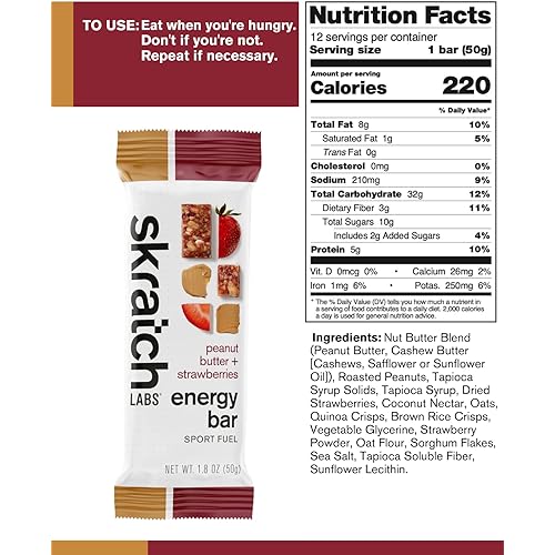 SKRATCH LABS Anytime Energy Bar, Peanut Butter and Strawberries, 12 pack single serving Low Sugar, Gluten Free, Vegan, Kosher, Dairy Free