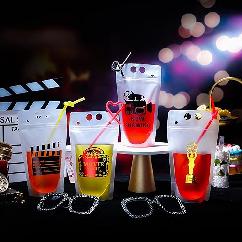 20 Pcs Movie Night Decorations Drink Pouch Cups Clear Zipper Bags with 20 Straws, 17 oz Plastic Drink Pouches Reusable Movie Night Cups for Movie Night Party Supplies Birthday Gift
