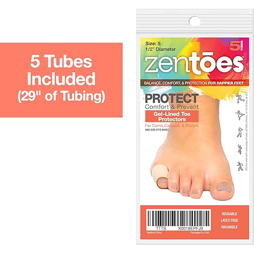 ZenToes Toe Tubes - Fabric Sleeve Protectors with Gel Lining - 5 Tube Sleeve Set - 29" of Gel Lined Tubing, Size Small 12 Inch Diameter