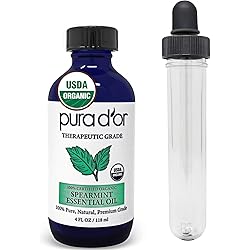 PURA D'OR Organic Spearmint Essential Oil 4oz with Glass Dropper 100% Pure & Natural Therapeutic Grade for Hair, Body, Skin, Aromatherapy Diffuser, Relaxation, Massage, Mood, Focus, Home, DIY Soap