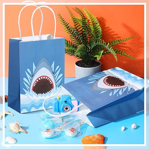 Nezyo 12 Piece Shark Paper Tote Bags Shark Treat Candy Bag Party Favor Bags with Handle Christmas present Bag for Shark Birthday Party Supplies Baby Shower Decorations