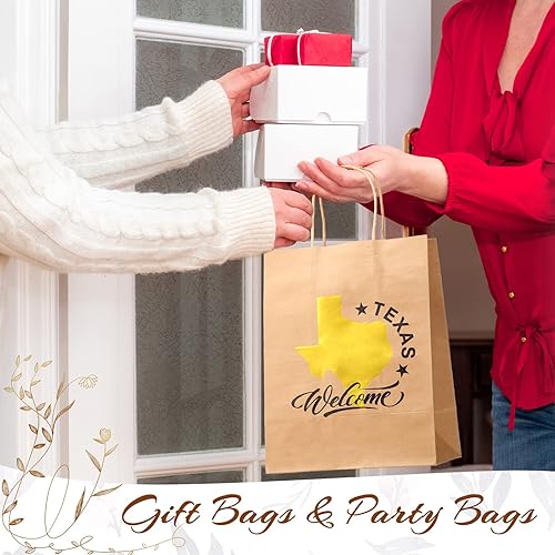 12 Pcs State of Texas Shape Paper Gift Bags with Gold Foil Welcome Shopping Bags Kraft Paper Bags Brown Bags with Handles Party Bags, 8 x 4.75 x 10.25 Inches