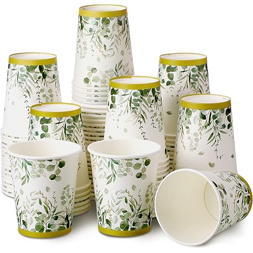 64 Pcs Eucalyptus Cups Eucalyptus Disposable Paper Cups Greenery Paper Cups for Sage Green Party Decorations Bridal Shower Paper Cups Green Paper Cups for Baby Shower Party Holidays Birthday Wedding