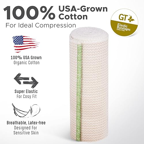 GT USA Organic Cotton Elastic Bandage Wrap 2" Wide, 12 Pack | Hook & Loop Fasteners at Both Ends | Latex Free | Hypoallergenic Compression Roll for Sprains & Injuries
