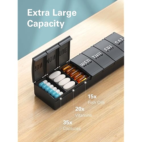 2 Pack Large Pill Organizer Weekly, Barhon Daily Vitamin Case Box Large Capacity Compartments, 7 Day Pill Containers for Medicine Supplements Fish Oil Black and White