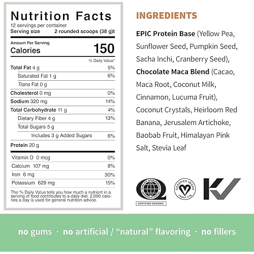 Epic Protein Bundle - Chocolate Maca & Vanilla Lucuma 20g Organic Plant-Based Protein Powder, Vegan, Gluten Free, Superfoods | 1lb, 12 Servings