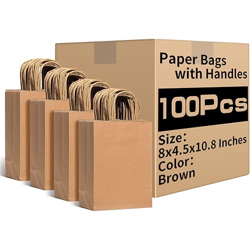 Brown Paper Bags with Handles Bulk, 100Pcs, 8x4.5x10.8Inches, Gift Bags, Brown Kraft Paper Bags, Gift Bags Bulk, Retail Bags, Party Bags, Shopping Bags, Favor Bags