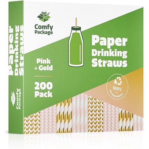 200 Pack] Pink & Gold Paper Drinking Straws 100% Biodegradable Multi-Pattern Party Straws For Birthday, Wedding, Bridal, Baby Shower, And Holiday Decoration