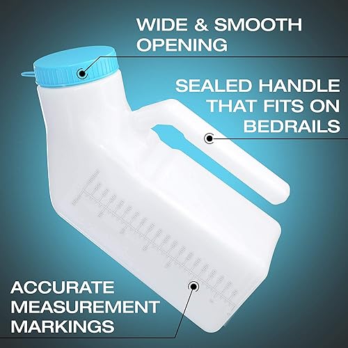 Urinals for Men Glow in The Dark Lid by Tilcare 3 Pack - 32oz1000mL Thick Plastic Mens Bedpan Bottle with Screw-on Lid - Spill Proof Urinary Chamber - Male Portable Travel Pee Bottles