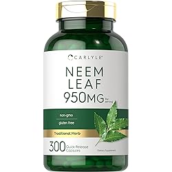 Neem Leaf | 950mg | 300 Powder Capsules | Non-GMO and Gluten Free Formula | Value Size | Traditional Herbal Supplement | Azadirachta Indica | by Carlyle