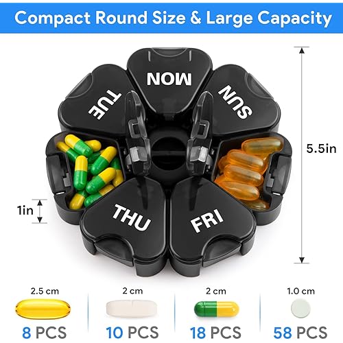 Extra Large Weekly Pill Organizer, Winlike Flower XL Portable 7 Day Pill Box Case for Travel Medicine Organizer VitaminFish OilPillsSupplements Push Button Design-1 Pack