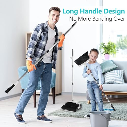 Broom and Dustpan Set for Home, Long Handle Dust Pan and Broom Combo for Indoor Outdoor Heavy Duty Broom Dustpan Set for Kitchen Lobby Office Upright Standing Dustpan with Cleaning Teeth