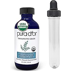 PURA D'OR Organic Frankincense Essential Oil 4oz with Glass Dropper 100% Pure & Natural Therapeutic Grade For Hair, Body, Skin, Aromatherapy Diffuser, Relaxation, Meditation, Mood, Massage, DIY Home