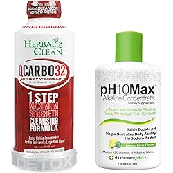 Herbal Clean Same-Day Detox Bundle, QCarbo32 Detox Drink, Dragon Fruit Flavor, 32 Fl Oz, with pH10Max Alkaline Water Drops, Lemon Lime Flavor, 2 Fl Oz