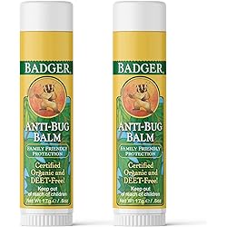 Badger - Anti-Bug Balm Stick DEET-Free Mosquito Repelling Balm Stick, Badger Balm Bug Repellent Stick, Certified Organic Insect Repellent, 0.6 oz 2 Pack