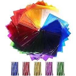 Cinvo Multi-Colored Cellophane Sheets 160 Pcs See Through Colorful Sheets with Twist Ties Cello Wraps Transparency Sheet for DIY Arts and Crafts, Treats Candy Wrapping Party Supplies 7.5 x 7.5 Inch